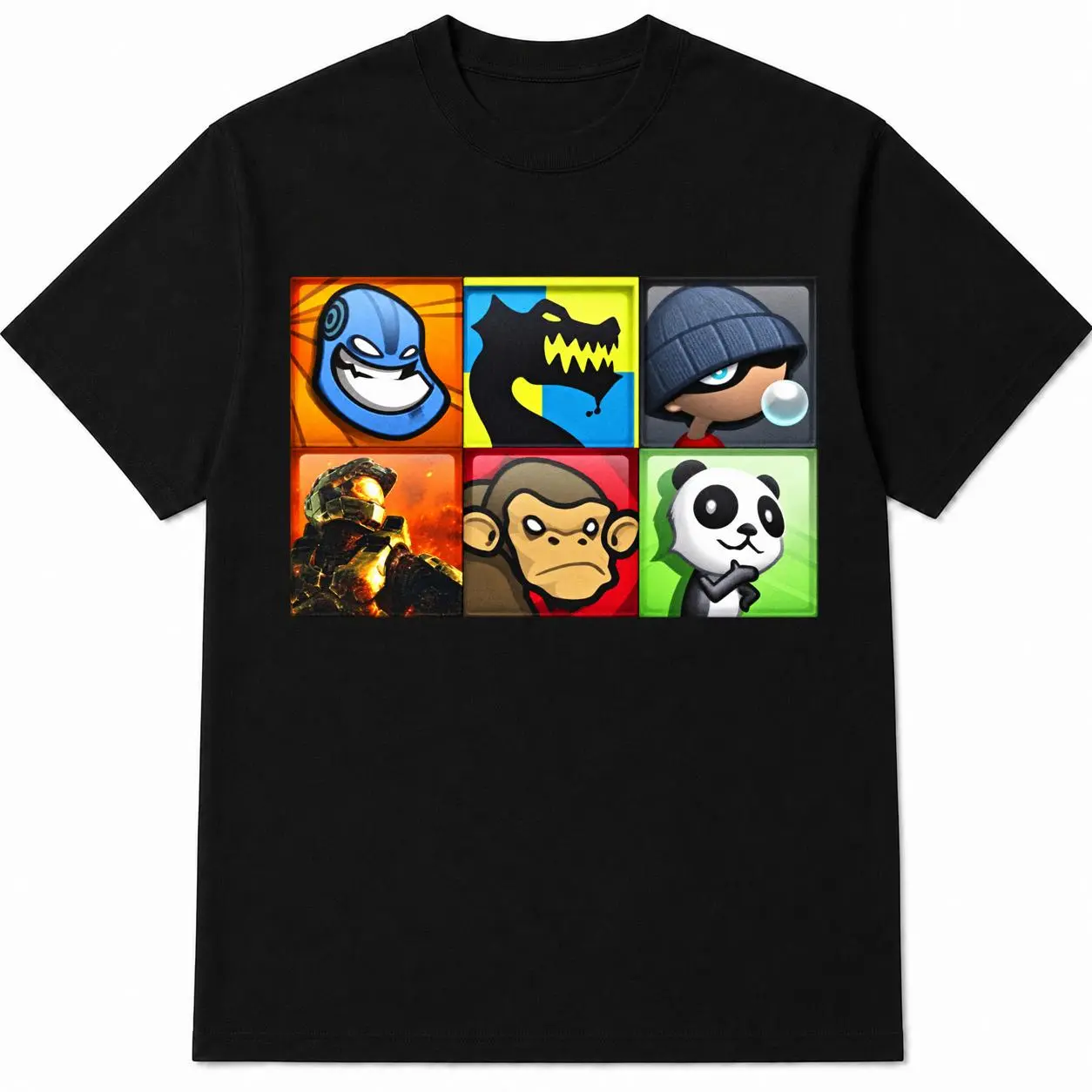 100% Cotton Retro Character Grid Graphic T-Shirt, Colorful Arcade Style Tee, Y2K Cartoon Streetwear Shirt, Unisex Casual Short Sleeve Top backtoschool sohochic