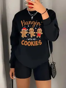 Women's Cartoon Gingerbread Man Print Drop Shoulder Sweatshirt, Casual Letter Print Long Sleeve Round Neck Pullover for Daily Wear, Ladies Clothes for All Seasons