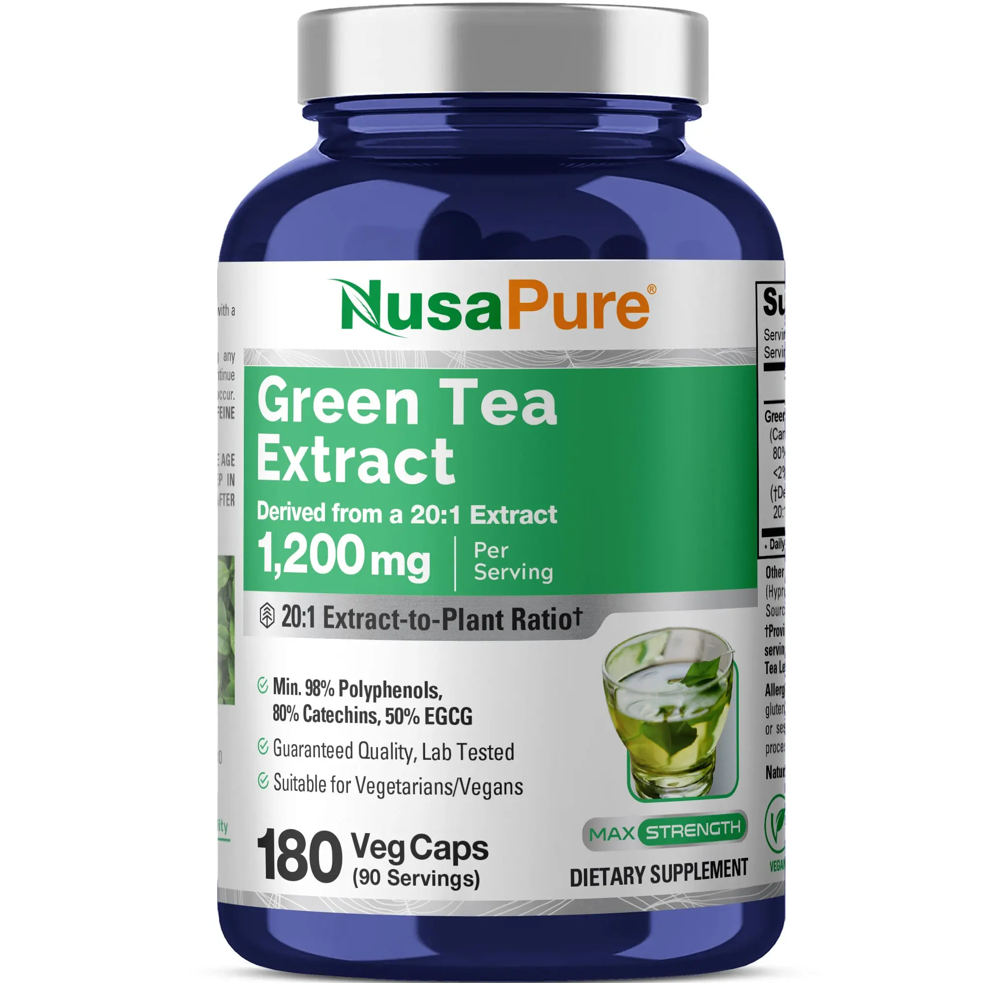 NusaPure Green Tea 20:1 Extract, 1200 mg, 180 Vegan Capsules, 50% EGCG, 98% Polyphenols, 80% Catechins