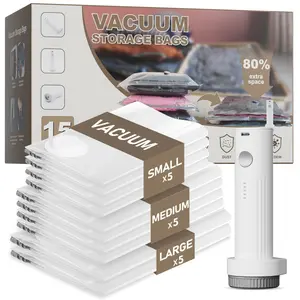 USB Rechargeable Electric Vacuum Pump & 15-Pack Compression Bags – Cordless Portable Space Saver for Travel, Home, Closet, Moving – Powerful Air Removal for Clothes, Bedding, Comforters – Jumbo/Large/Medium Set