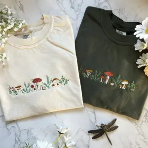 Embroidered Mushroom T-shirt, Embroidered Granola Girl Shirt, Nature Lover Gift, Embroidered Floral Sweatshirt Casual Tshirt