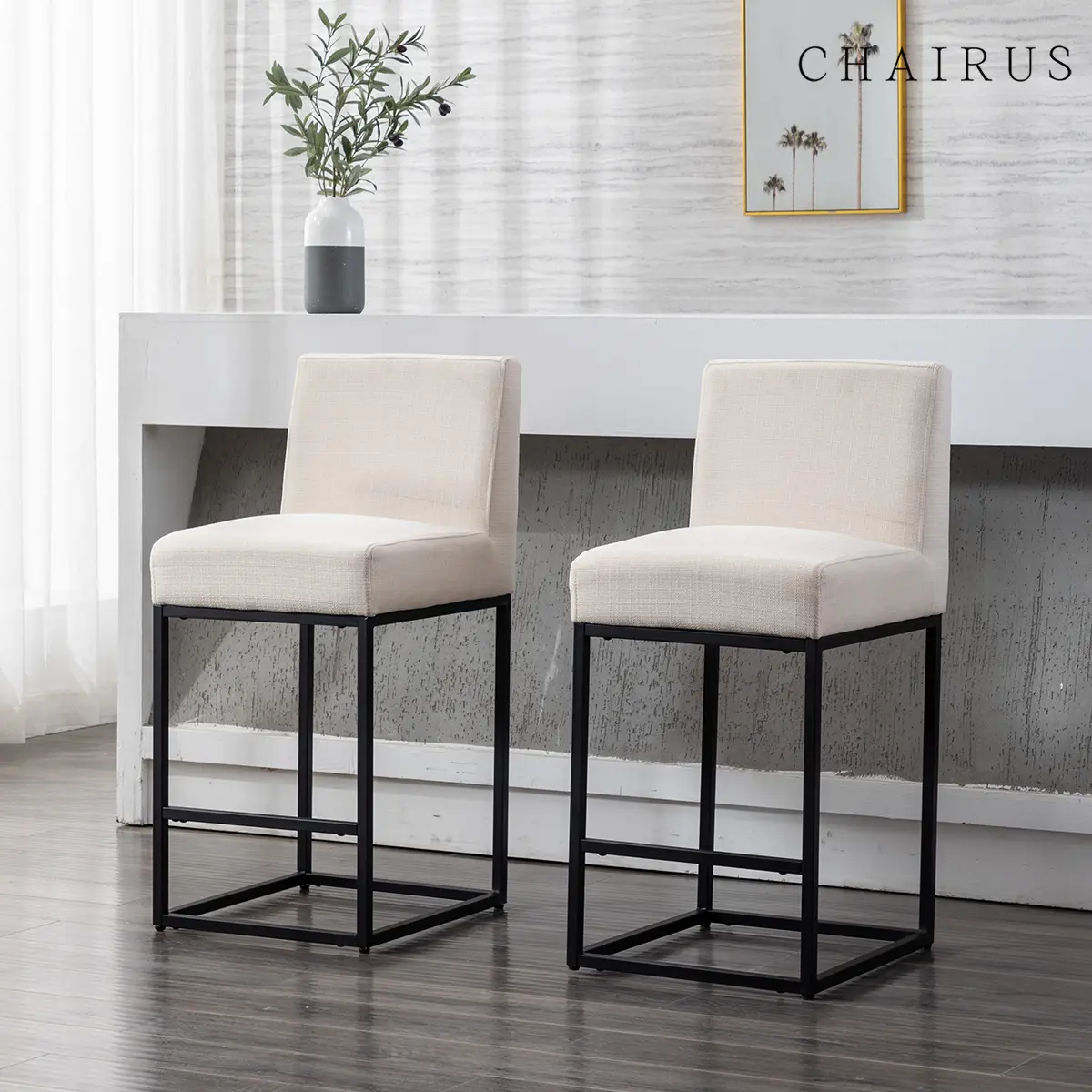 CHAIRUS  Counter Height Bar Stools Set of 2, 27'' H Counter Stool Armrest Bar Chairs with Metal Legs and Footrest,Modern Linen Barstools with Back and Footrest,Upholstered Bar Chairs for Kitchen Island,Bar,Pub,Cream