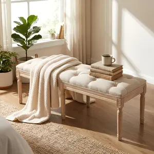47.24 Inch Tufted Bedroom Bench, Upholstered End of Bed Bench with Solid Wood Frame, Linen Fabric Entryway Bench Seat, Farmhouse Accent Bench for Living Room, Hallway and Closet