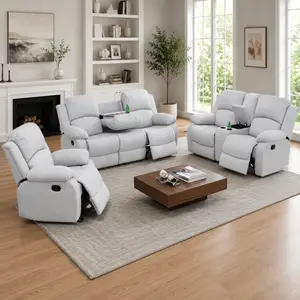 Manual Recliner Sofa Set, Fabric Reclining Couch Set with Storage Console & Cup Holders for Living Room