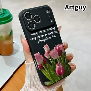 Straight Edge Phone Case for iPhone 17 16 Pro Max 15 Plus 14 13 12 11 Air XR E XS Pink Tulip Delight Pattern Full Body Protection Shockproof Soft Silicone Cover