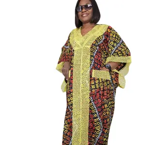Adunola Ankara Lace-trim Kaftan - Vibrant Yellow & Red Print with Chain Detailing for Stylish Comfort