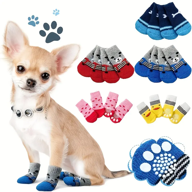 4pcs Machine Washable Cute Cartoon Mixed-Color Knitted Polyester Pet Socks, Non-Slip All-Season Indoor Paw Covers for Toy Breed Cats & Dogs