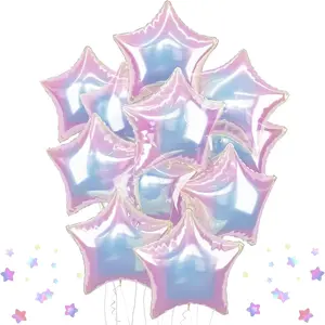 A set of 10 large colorful star shaped balloons, measuring 45.72 centimeters, made of transparent foil material, perfect for wedding parties, baby parties, birthdays, weddings, and underwater world themed events.