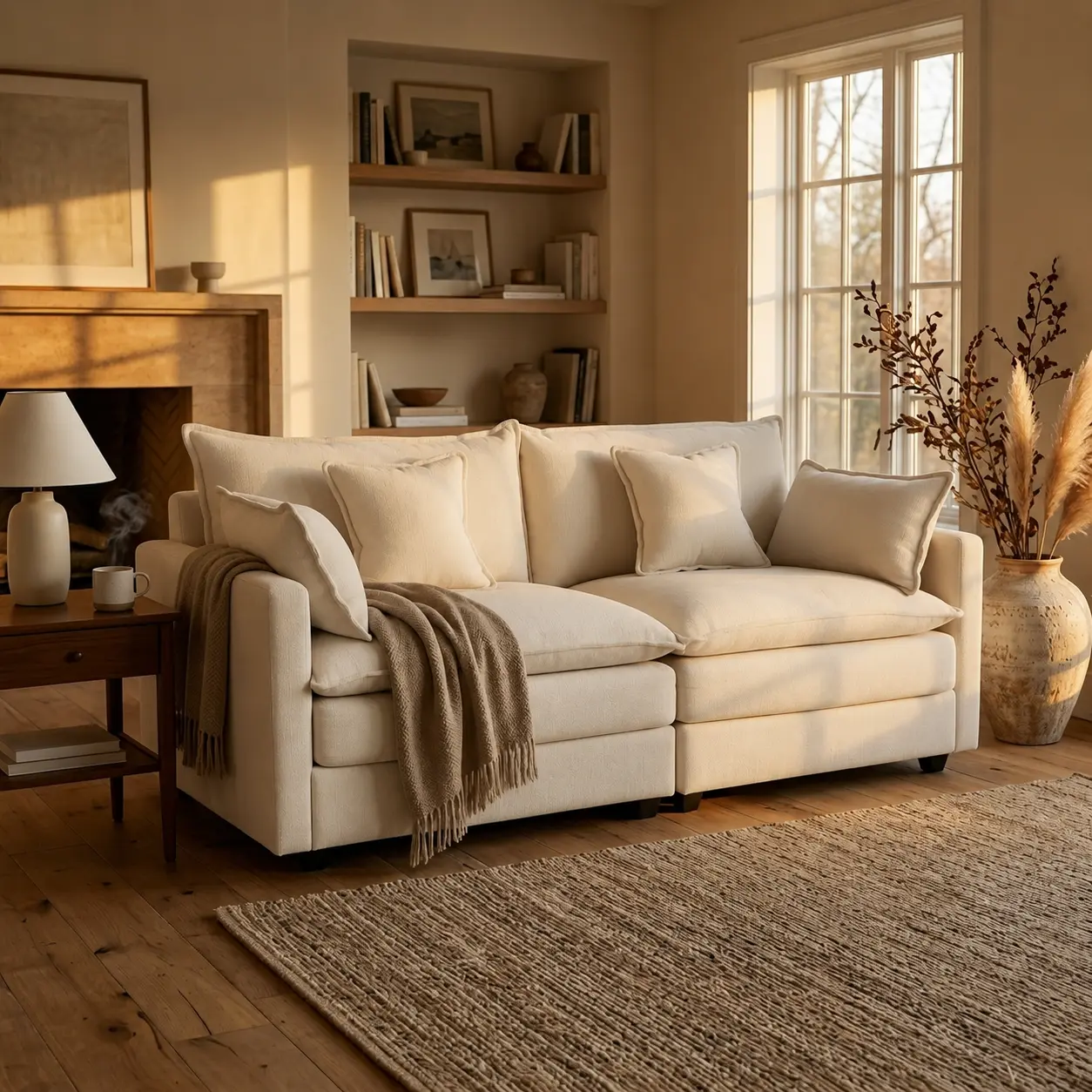Natmen 77.2" Modular Chenille Loveseat Sofa, Deep Seat Upholstered 2 Seater Couch with Throw Pillows, Plush Comfy Sofa Couch for Living Room, Apartment and Small Spaces, Beige
