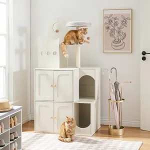 HOOBRO Cat Tree with Litter Box Enclosure, Hidden Cat Litter Box Enclosure, Double Litter Box Enclosure Furniture, Modern Cat Tree with 2 Dangling Balls and 2 Sisal Scratching Posts for 2 Cats, White and Walnut #SpringSale #BigSpringSale