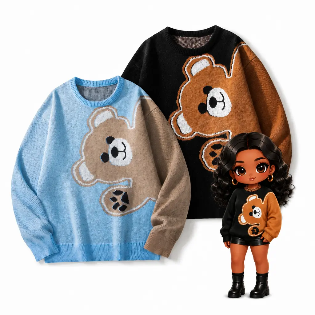 #Sohochic Women's Regular Fit Round Neck Polyester Colorblock Knit Pullover Sweater - 2-Tone Design, Big Cartoon Teddy Bear Graphic, Medium Length Long Sleeves, Soft Loose Comfortable Fall Winter Casual Top, Basics, Childrens Day Christmas Knitwear
