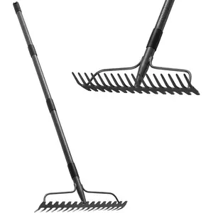 Garden Rake Metal, 17 Prongs 17" Wide Bow Rakes for Lawns Heavy Duty, Adjustable Rock Thatch Yard Rake for Leaves Gardening Loosening Soil Mulch Gathering Leaf Long Handle 50"