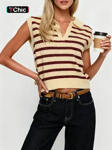 Women's Knitted V-Neck Sweater, Horizontal Striped Colorblock Ribbed Sleeveless Vest, Casual Elegant Spring Summer Fashion, Knit Vest Tops