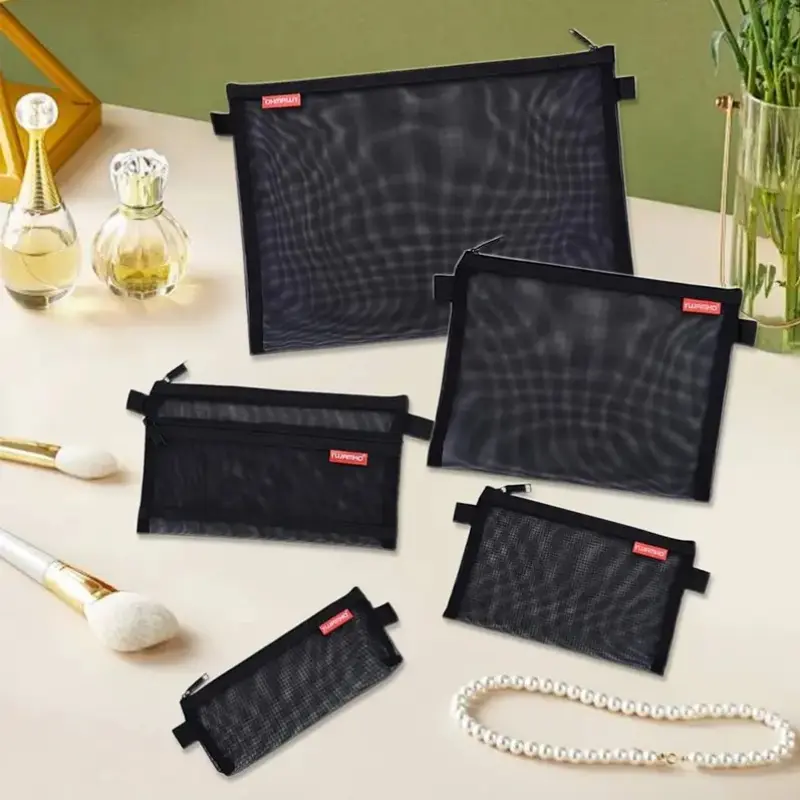 5pcs Travel Mesh Zipper Pouch, Black Zipper Bags for Organizing Storage, Cosmetic & Stationery Pouches, Zipper File Bags for School Office Supplies, Suitable for Birthday Gifts, Party
