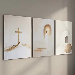 3 Counts Wood Framed Canvas Abstract Artistic BeigeJesus Wall Art, Neutral Christian Wall Art, Ready To Hang, Cross Bible Art, Aesthetic Room Decor, Waterproof Canvas Wall Art, Artwork Wall Painting For Gift, Home And Dormitory Decoration