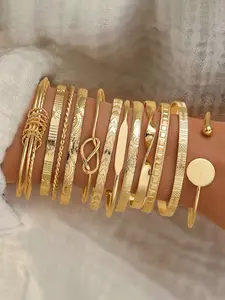 12-Piece Boho Style Women's Metal Bracelet Set, Trendy Stack Bangle, Adjustable Heart Pattern Design, Ideal Gift for Friends & Family