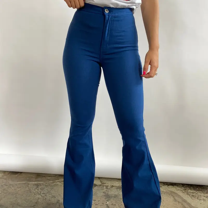 Women's Fiona High Waisted Bell Bottom Flare Jeans - Mykonos Blue, Stretchy Spandex, Fitted, Casual Pants