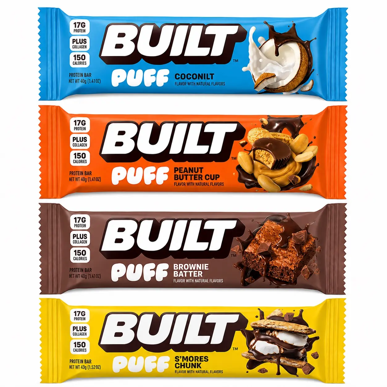 BUILT PUFF Protein Bars 4 Pack – Coconut, Peanut Butter Cup, Brownie Batter & S’mores Chunk Snack Flavor