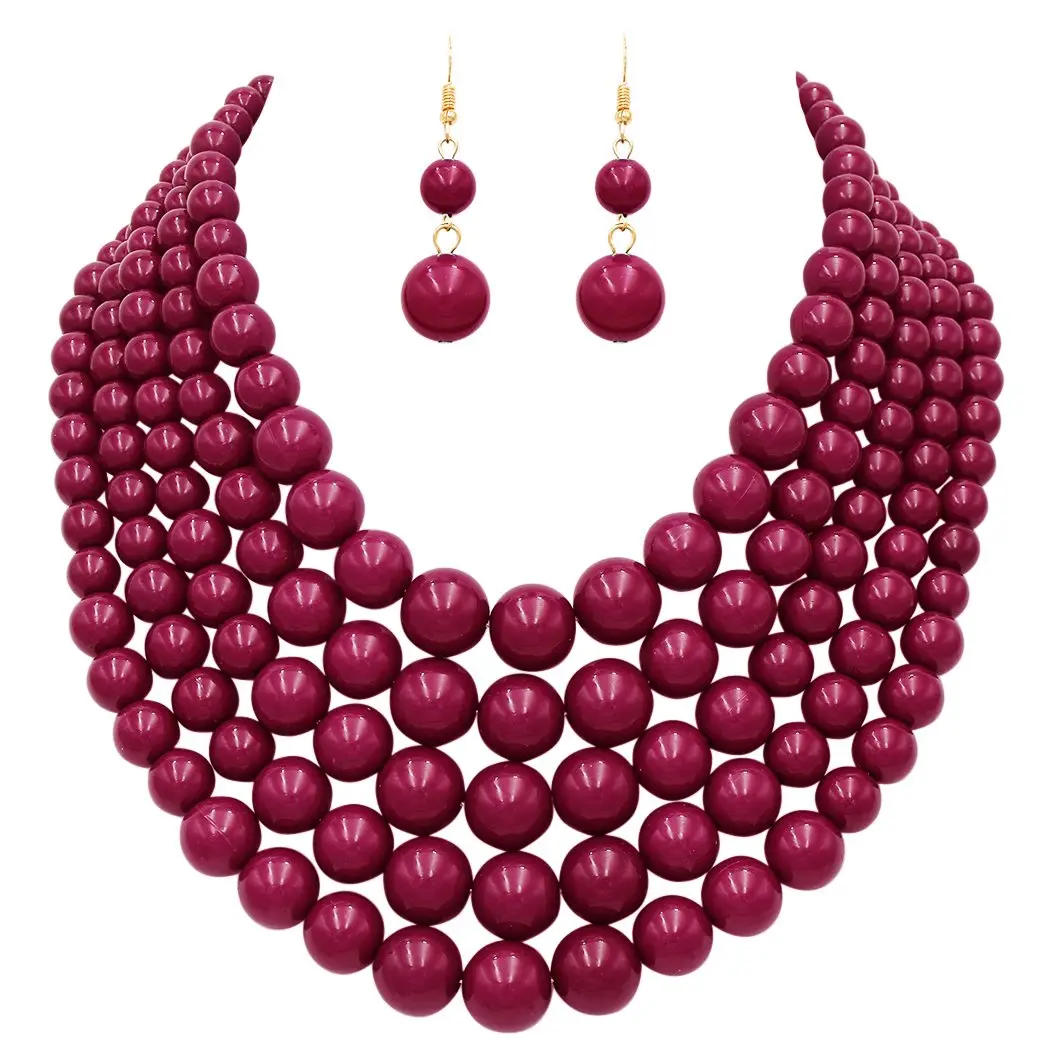 Multi Strand Simulated Pearl Bib Necklace and Earrings Jewelry Set, 16"-19" with 3" Extender (Burgundy Red)