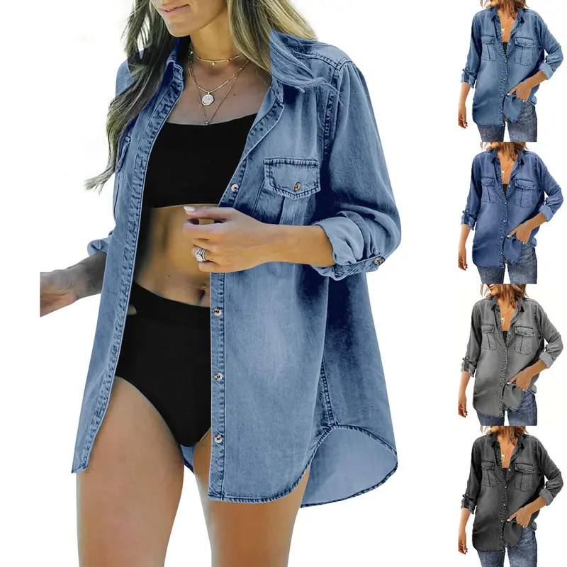 Women's Button-Front Cotton Blouse - V-Neck Linen-Blend Tunic Top with Long Roll-Up Sleeves, Chest Pockets, Breathable Minimalist Fabric, Denim-Jacket Look, Office & Party Use, Bikini Cover-Up