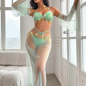 Sexy Suits for Women, Cosplay, Sexy Mesh Fringe Tie-Up Bow Bandeau Top & Thong & Skirt Outfit, Going Out Genie Costume Women Two-Piece Set Summer Two-Piece Set Belly Dance Costume (Top + Underwear + Skirt + Sleeves *2) 5-Piece Set Clothes Womenswear