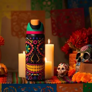 Owala FreeSip Day of the Dead Sugar Skull Portable Insulated Drinkware Flask - New Vacuum Design, Camping, Travel Use, Birthday Gift Option, Flasks