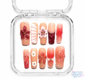 GakuNails PEACH BLOOM 10 PCS Long Square Handmade Press On 3D Gel Builder Gel Pink Floral Spring Summer Vibe Vacation Quality Reusable Eco-Friendly Nails Kawaii