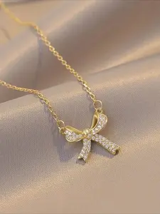 1 piece of fashionable zircon bow pendant necklace, stainless steel women's necklace, simple and elegant temperament suitable for daily commuting, versatile necklace gift