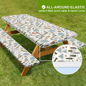 3pcs Camping Tablecloth and Chair Covers, Outdoor Picnic Table Set for 4ft 6ft 8ft Tables, Rectangular Tablecloth Only, No Furniture Included