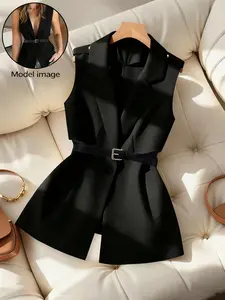 Women's Petite Sleeveless Vest Blazer Open Front Notch Lapel Cropped Waistcoat Minimalist Chic Professional Work Commuter Casual Suits Jacket Outerwear Trendy