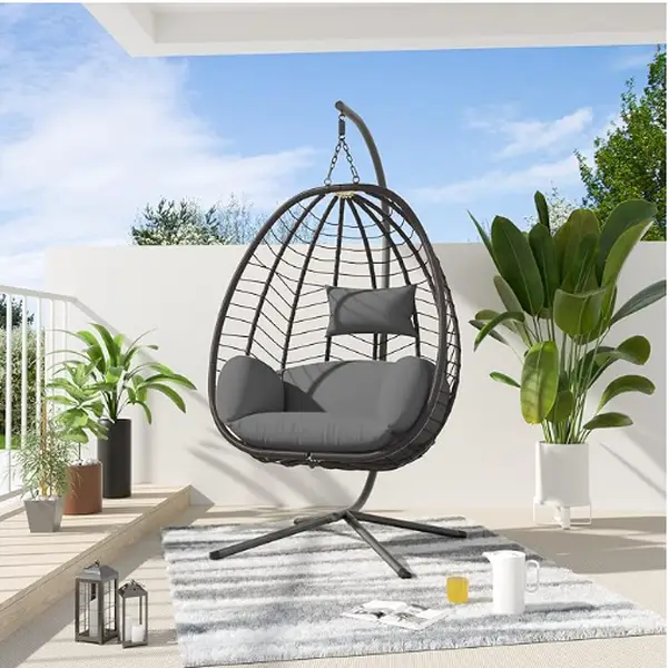 Egg Swing Chair Outdoor Indoor Wicker Rattan Hanging Chair with Stand 350lbs Capacity w/Strong Frame & Cushions for Patio Balcony Bedroom Furniture Lo