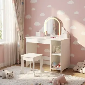 Garvee Lighted Dressing Table Set with LED Mirror, 2-in-1 Vanity Table & Stool, Makeup Desk with Drawers and Open Shelves, Vanity and Study Desk for Bedroom or Playroom, White