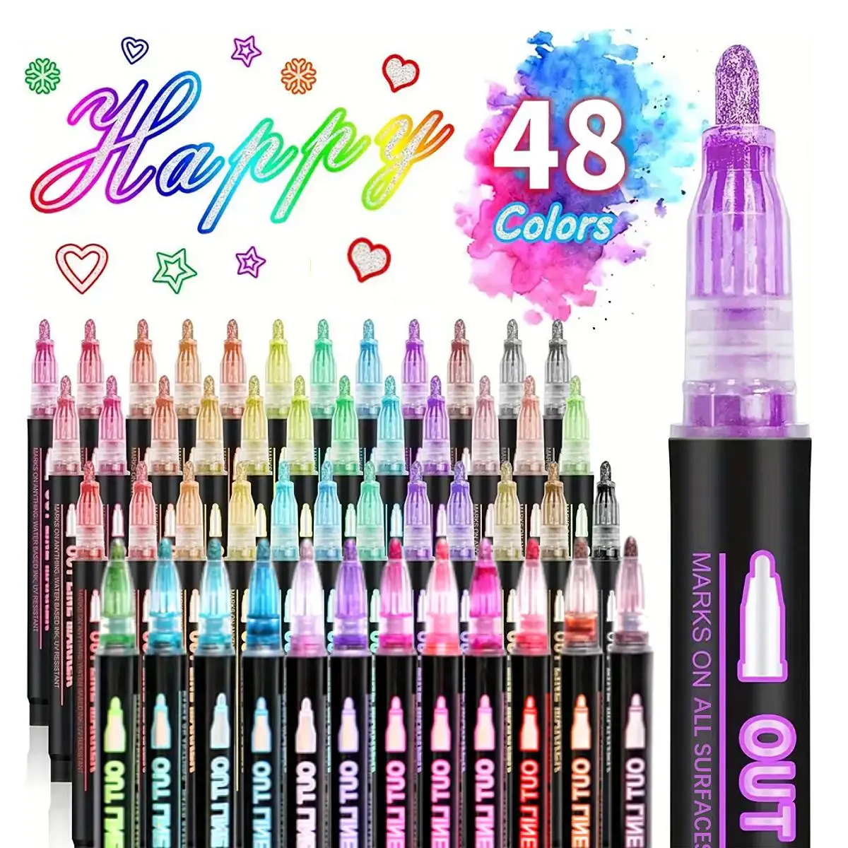 48 Colors Outline Marker Pen, 48pcs/set Glitter Marker Pen, Colored Line Marker Pen for Greeting Card, Gift, Glass Painting, Art Markers Pen, Coloring Supplies, Bulk Markers