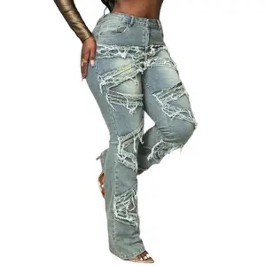 Women’s Plus Size Jeans Casual Y2K Streetwear High Stretch Denim Pants with Distressed Frayed Edges & Tassel Detail GARMENTARY
