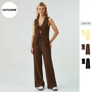KatchMe Women's Casual Solid Color Front Tie Textured Tank Top & Wide Leg Trousers Co-ord (2), Breezy Two Piece Outfits, Comfortable Going Out Set