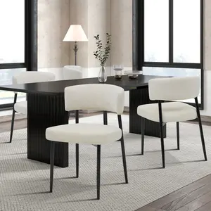 Set of 4 Modern Boucle Dining Chairs with Curved Backrest & Metal Legs for Kitchen Dining Room or Living Room in Modern Beige and Grey