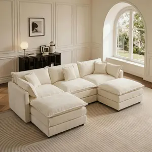 HIPIHOM Modern U-Shaped Cloud Sofa, 3-Seater Modular Sectional with 2 Movable Ottomans, Breathable Chenille Fabric, Extreme Comfort Wrap-Around Couch, Versatile Furniture for Quality Life Families, Minimalist Living Room Aesthetic.
