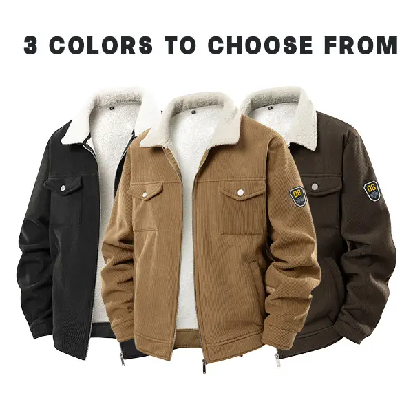Men’s vintage workwear corduroy jacket with sherpa fleece lining, turn-down collar, zip front, multiple pockets—warm winter workwear outerwear with patch badge design on sleeves, available in three colors.