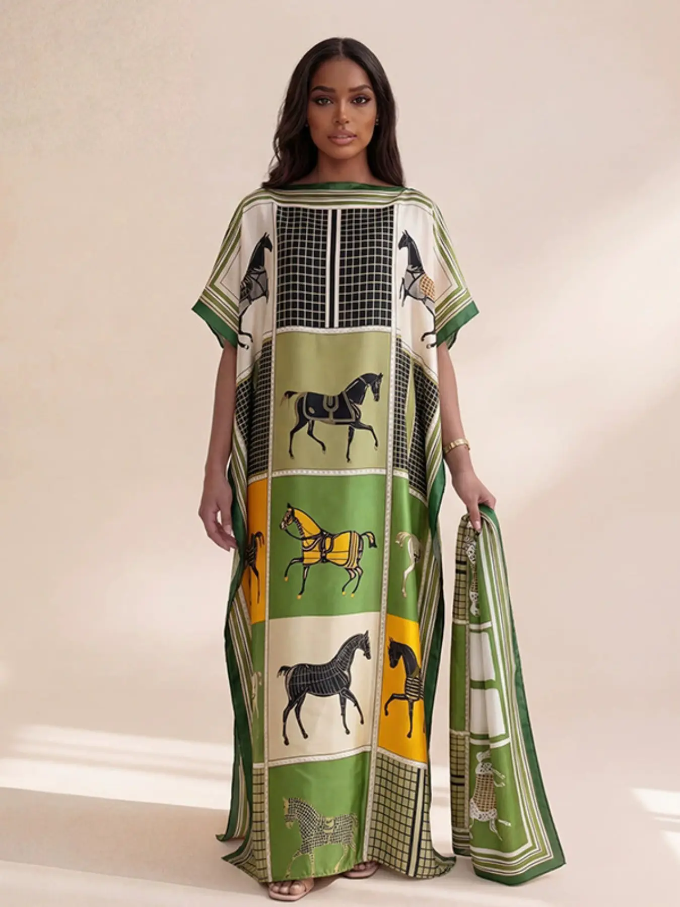 Satin Horse Print Kaftan Women Loose Long Maxi Dress, Bohemian Beach Robe with Scarf, Vacation, Summer, Holiday Wear, Beachwear#KaftanDress #BohemianStyle #BeachCoverUp #VacationOutfit #LuxuryFashion #SatinDress #MaxiDress #OversizedDress #WomenFashion