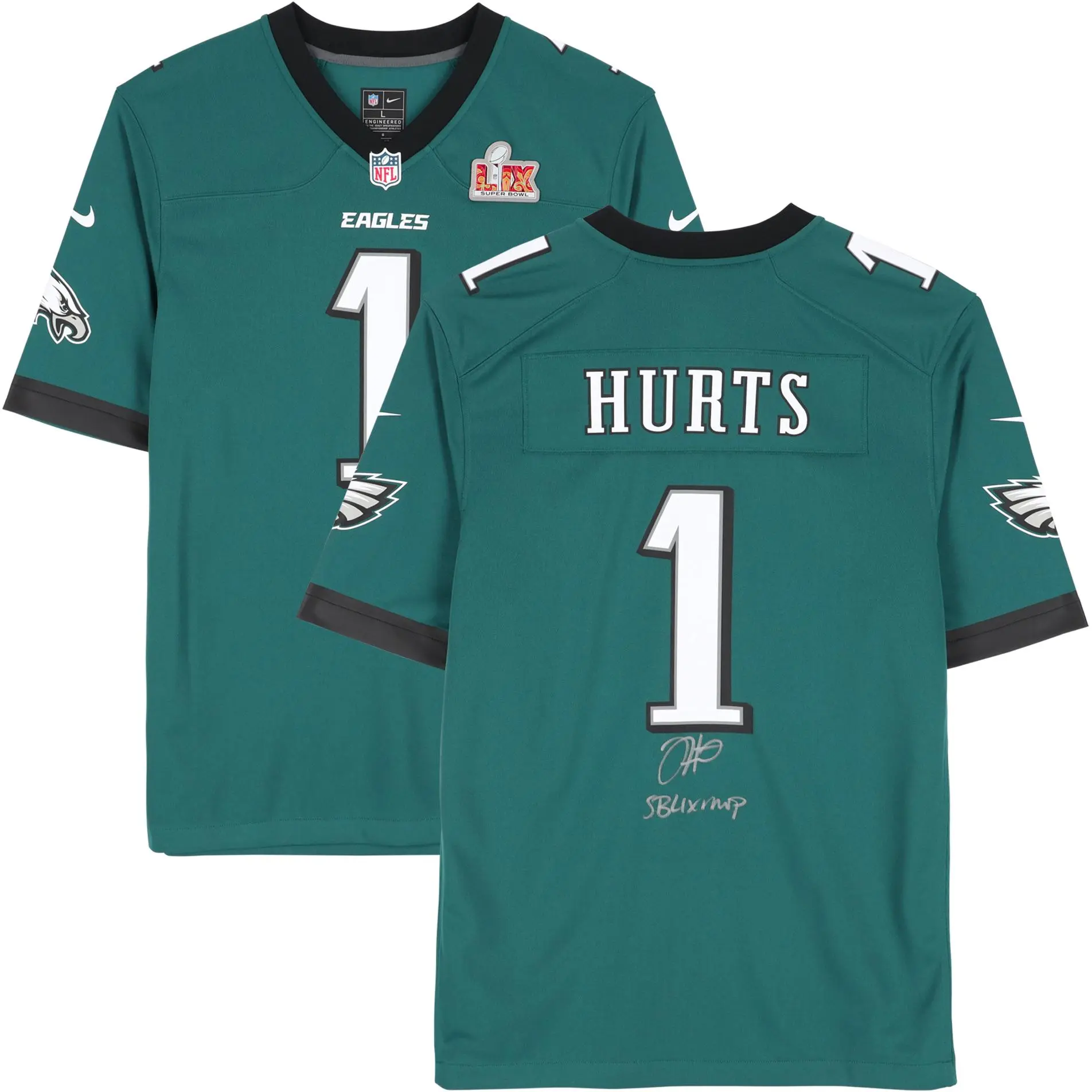 Jalen Hurts Philadelphia Eagles Super Bowl LIX Champions Autographed Nike Super Bowl LIX Green Game Jersey with "SB LIX MVP" Inscription - Fanatics Authentic Certified