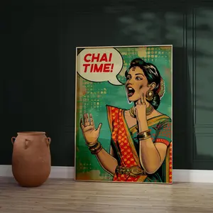 Unframed, Room Decor, Punjabi, Chai Poster, Gujarati, Kitchen Pop Art, Restaurant Wall Decor, Woman, Saree, Desi Food, indian Pop Art