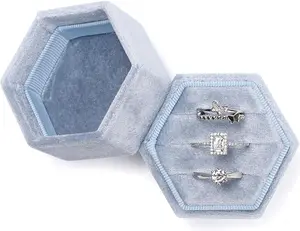 Velvet Jewelry Ring Box, 3 Slots Hexagon Ring Gift Box Vintage Ring Display Holder Case for Wedding Ceremony Proposal Engagement (Blue)