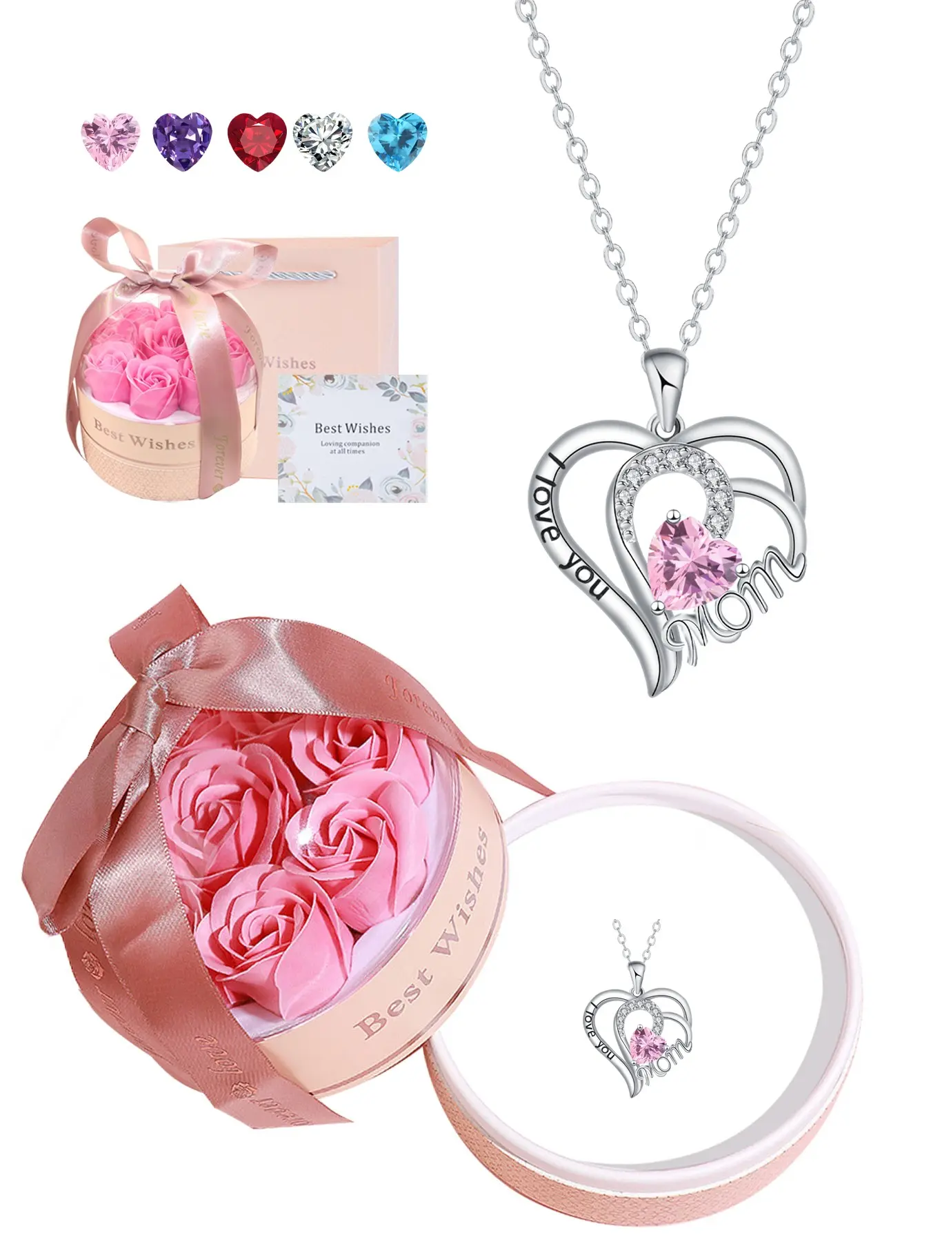 Mother's Day Gifts Heart Mom Necklace With Pink Bakset Rose Jewelry Gift Box, I Love You Mom Dainty Heart Necklace Gift for Mother, Grandma, Aunt, Heart Shaped Necklace, Heart Pendant Necklaces