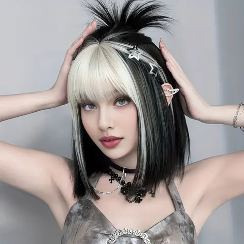 Role Play Bob Wig Short Straight Gradient Black Hair with Bangs High Density Highlighted Silver White Wig Women's Daily Party Heat Resistant Synthetic Wig Halloween Costume Wig 16inch