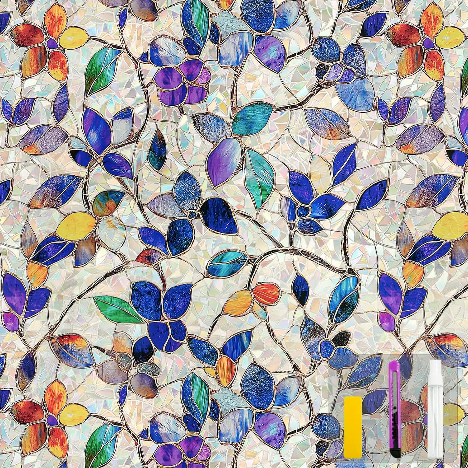 Window Privacy Film with Installation Tools Home Decorative Colored Glass Window Stickers Reusable electrostatic Rainbow Stickers (Stained Leaf, 17.5 x 78.7 in)