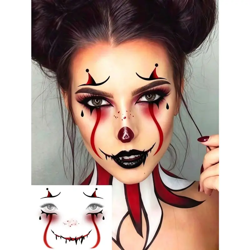 6 Sheets Gothic Clown Face Tattoo Waterproof Halloween Temporary ...