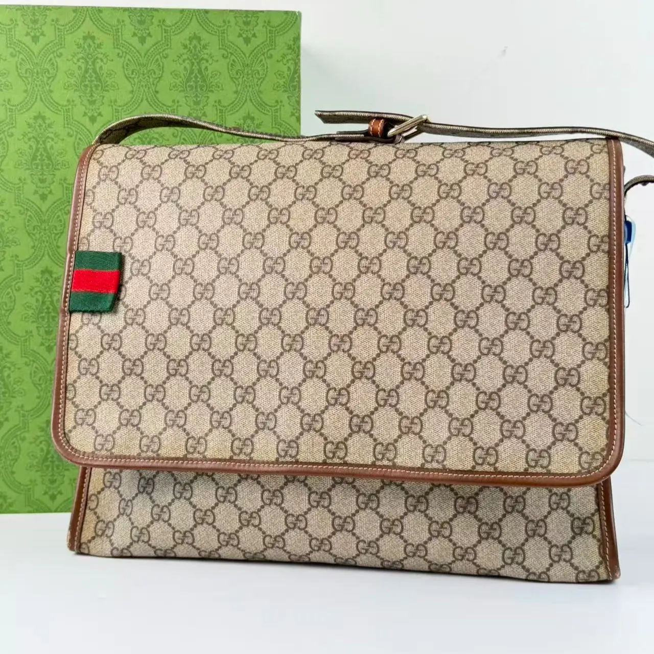 Pre-owned GUCCI GG Supreme Web Stripe Flap Messenger Crossbody Bag