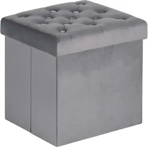 Velvet Tufted Folding Storage Ottoman Cube with Lid, Padded Footstool for Bedroom (Grey, Medium)