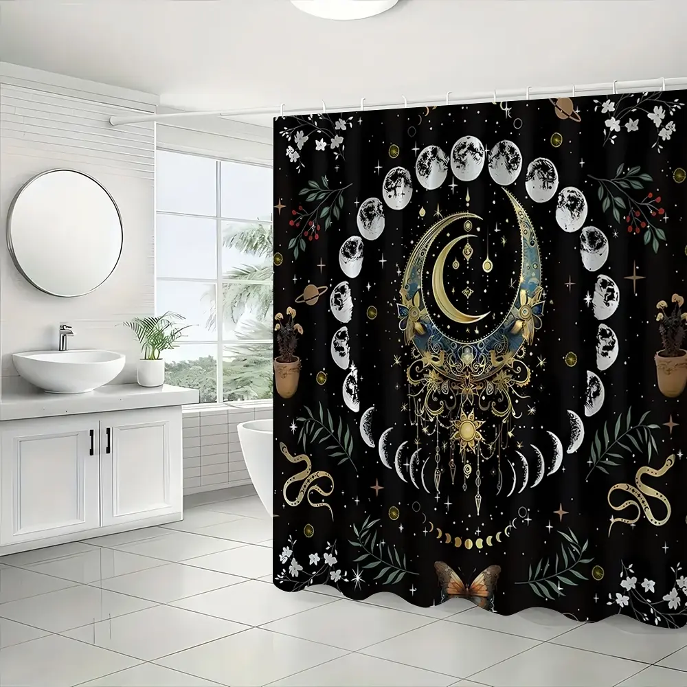 Mysterious Moon Phase Print Bath Curtain with Hooks, Non-Slip Bathroom Mat, U-Shaped Rug, Toilet Seat Cover, Home Decor Gift, Celestial Shower Curtain, Aesthetic Shower Curtain, Decorative Shower Curtain, Bathroom Decor and Accessories