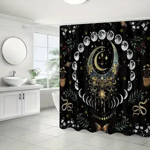 Mysterious Moon Phase Print Bath Curtain with Hooks, Non-Slip Bathroom Mat, U-Shaped Rug, Toilet Seat Cover, Home Decor Gift